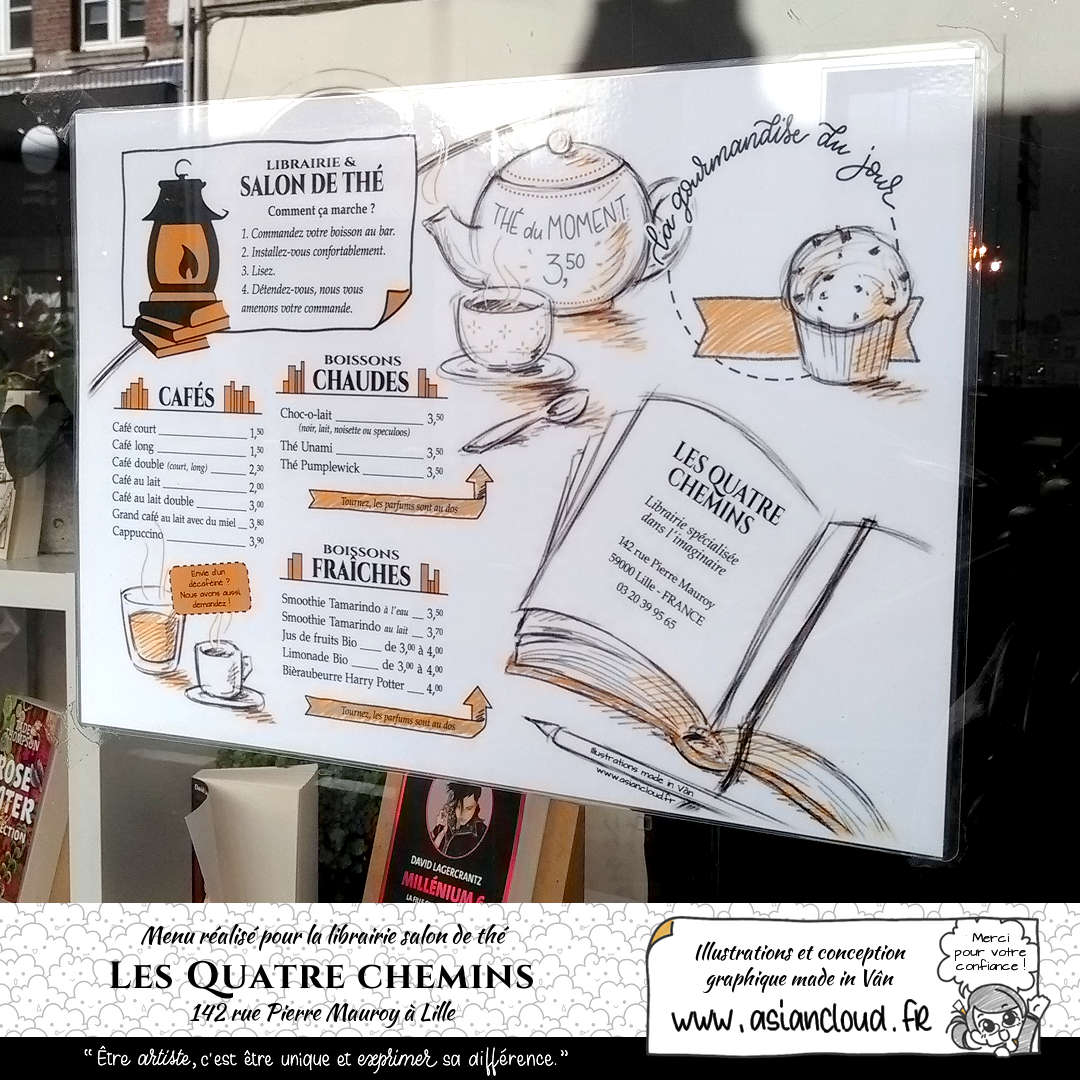 Commande de menu illustré pour la librairie salon de thé Les Quatre chemins à Lille, illustration manga façon crayons graphite représentant un livre ouvert, une théière et des boissons chaudes ainsi qu'un muffin aux pépites de chocolat