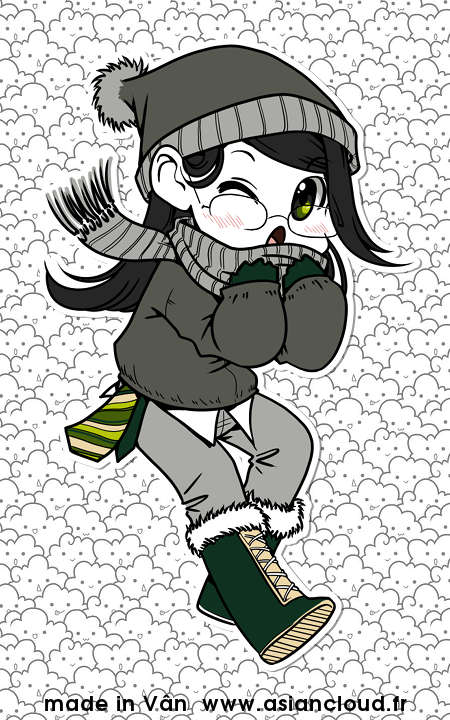 Exemple de dessin chibi kawaii, autoportrait bonnet hiver façon sticker