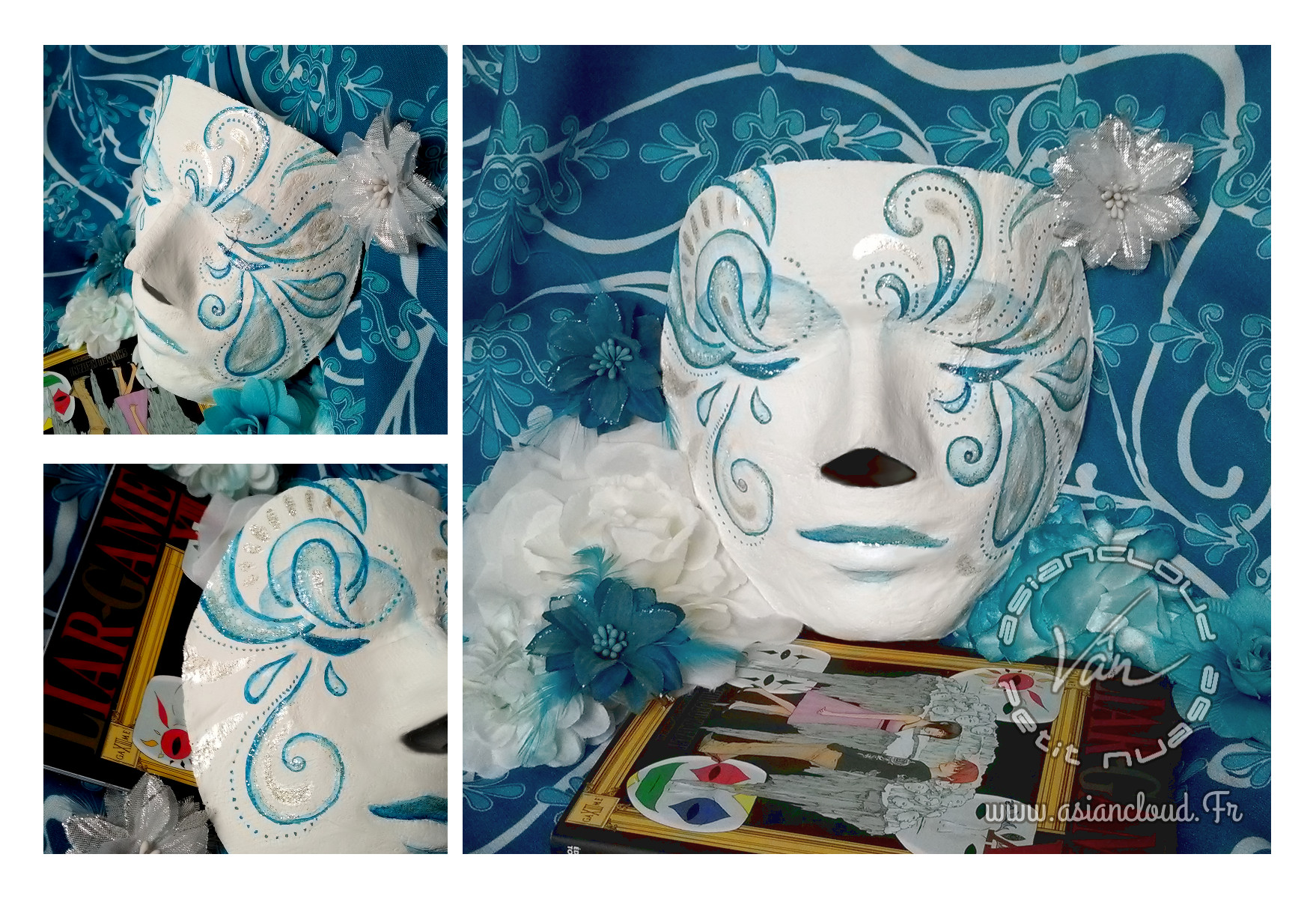 Gagnante du concours instagram Rougier & Plé A vos masques, masque en bandes plâtrées et volutes bleu et argent