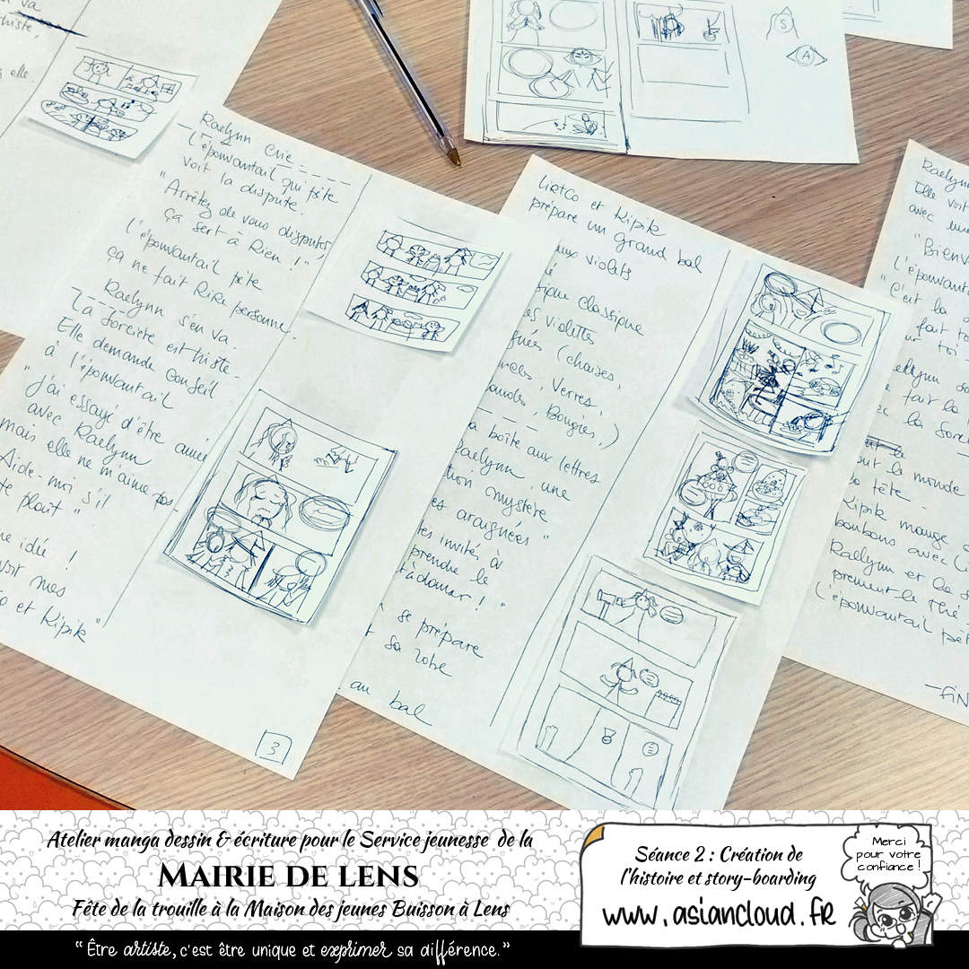 Atelier manga à la maison des jeunes de Lens : écriture des dialogues puis croquis rapides des pages en bonhommes bâtons