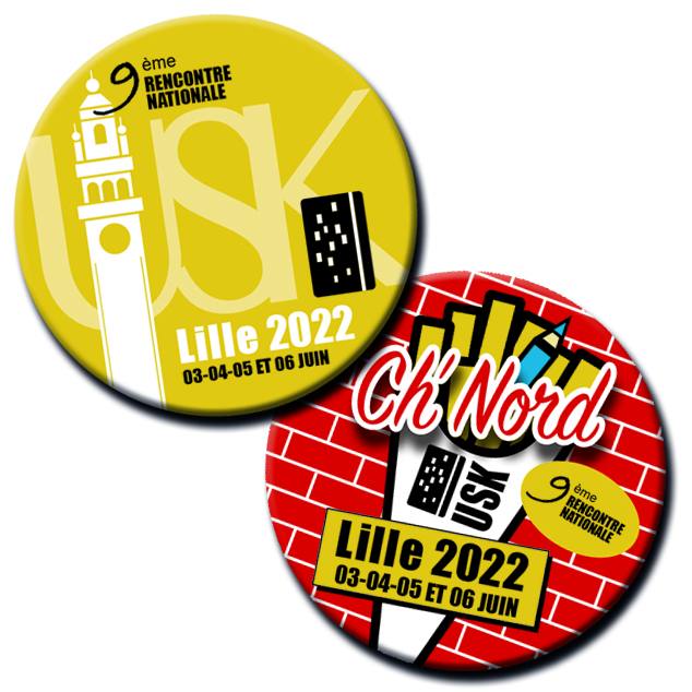 Design du badge USK Lille 2022 et sa variante cornet de frites par Tom Bapeurline