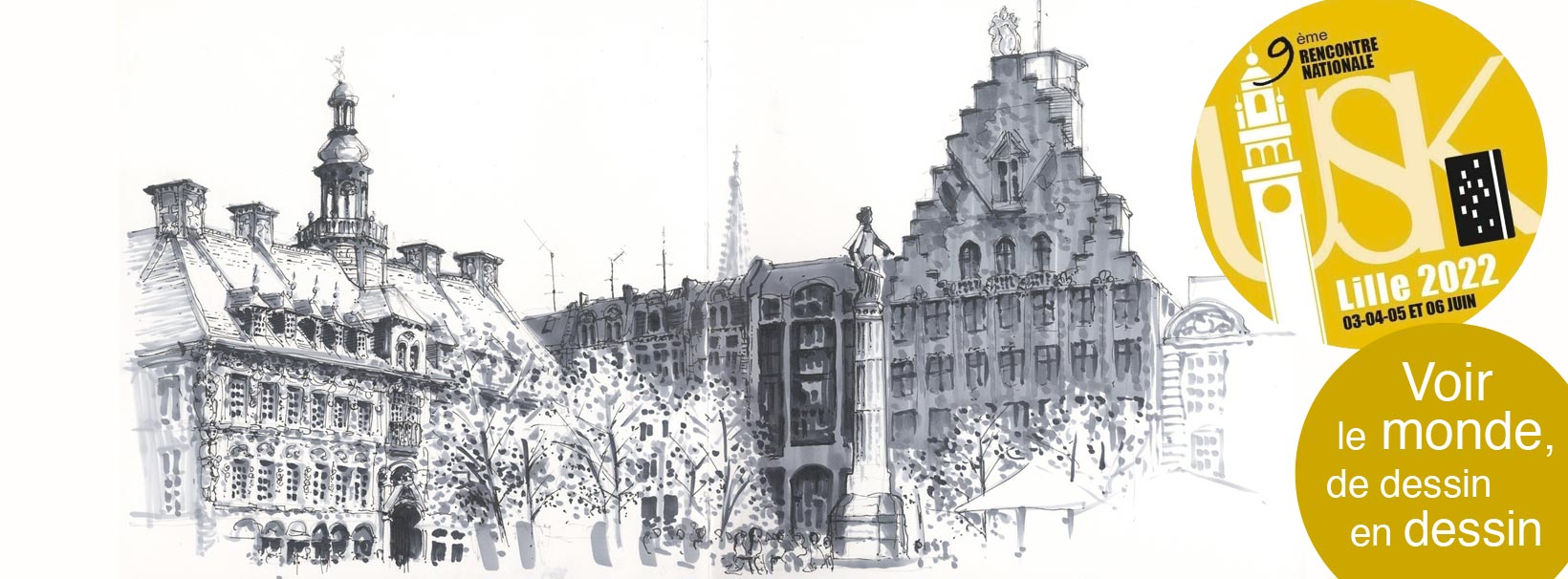 Bannière par Jocelyn Prouf Urbansketcher @jossproof représentant la Grand place de Lille, la façade de la Voix du Nord et la Vielle Bourse, dessin monochrome à l'encre